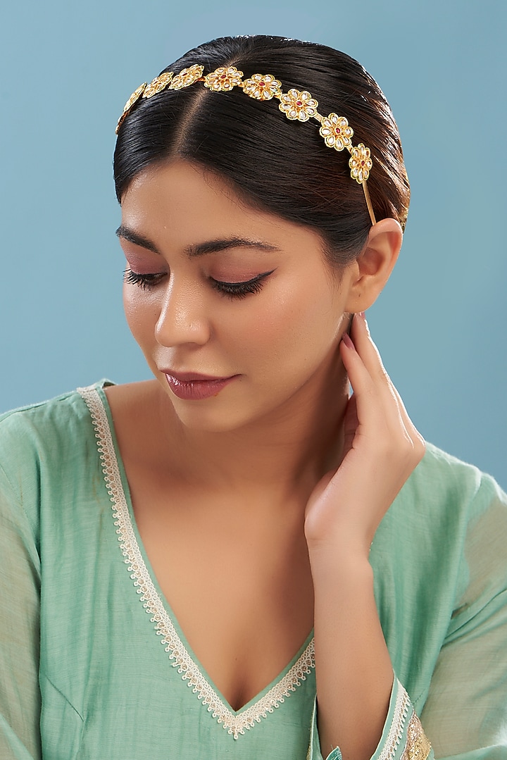 Gold Plated Kundan Polki Floral Headband by Just Shraddha