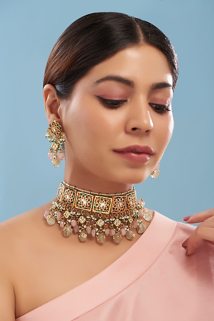 Gold Plated Pink Kundan Polki Meenakari Choker Necklace Set by Just Shraddha