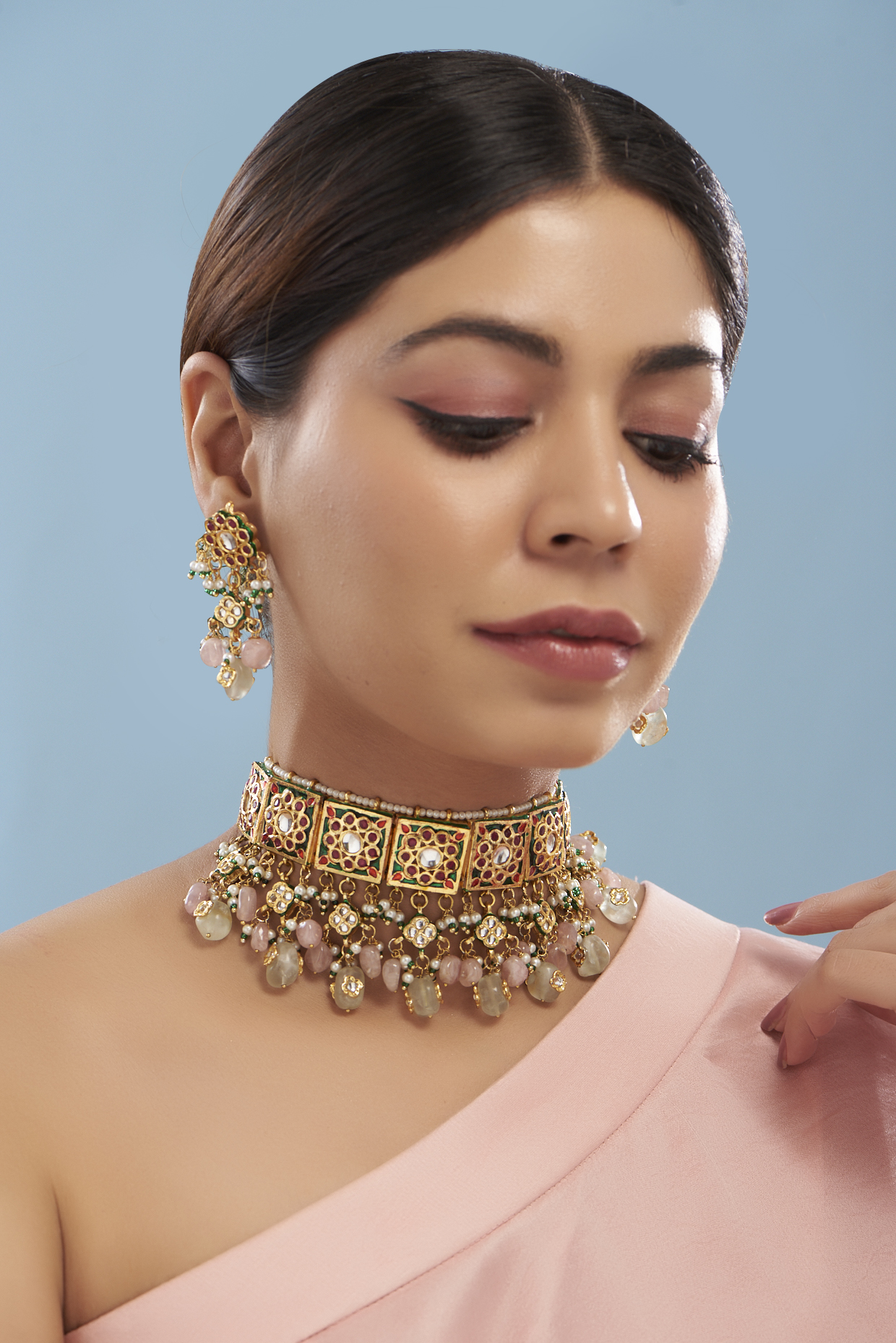 Gold Plated Pink Kundan Polki Meenakari Choker Necklace Set by Just Shraddha