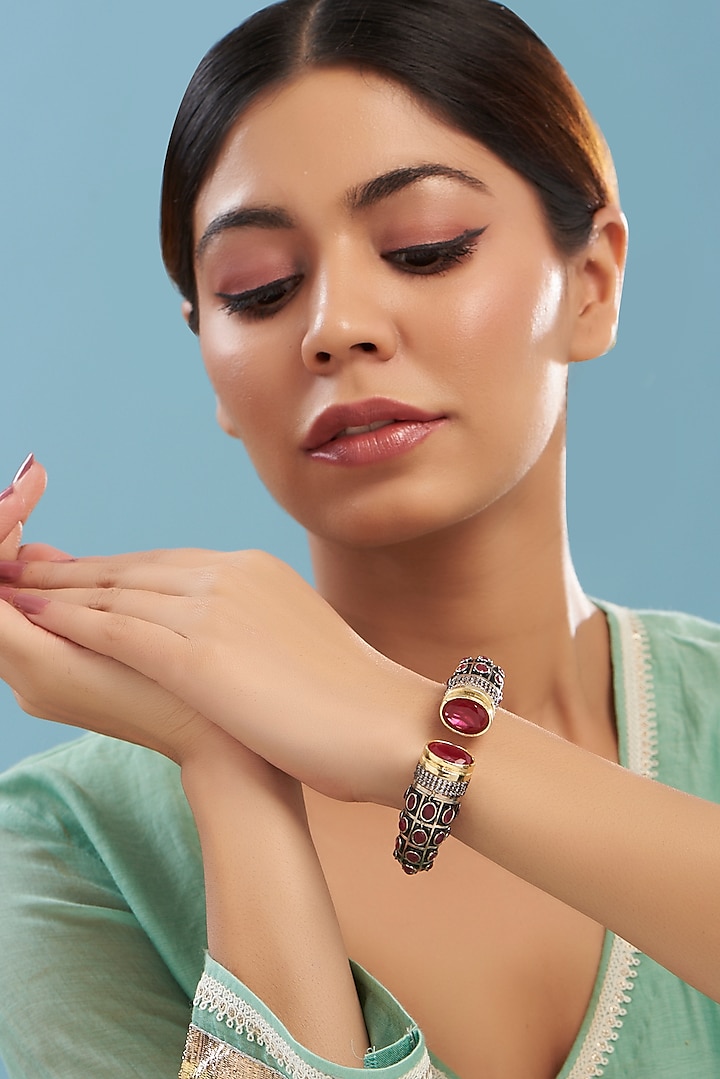 White Rhodium Plated Ruby Synthetic Stone Kada by Just Shraddha