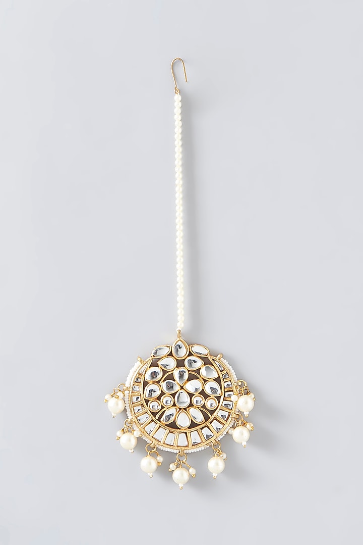 Gold Plated Kundan Polki & Pearl Maang Tikka by Just Shraddha at Pernia's Pop Up Shop