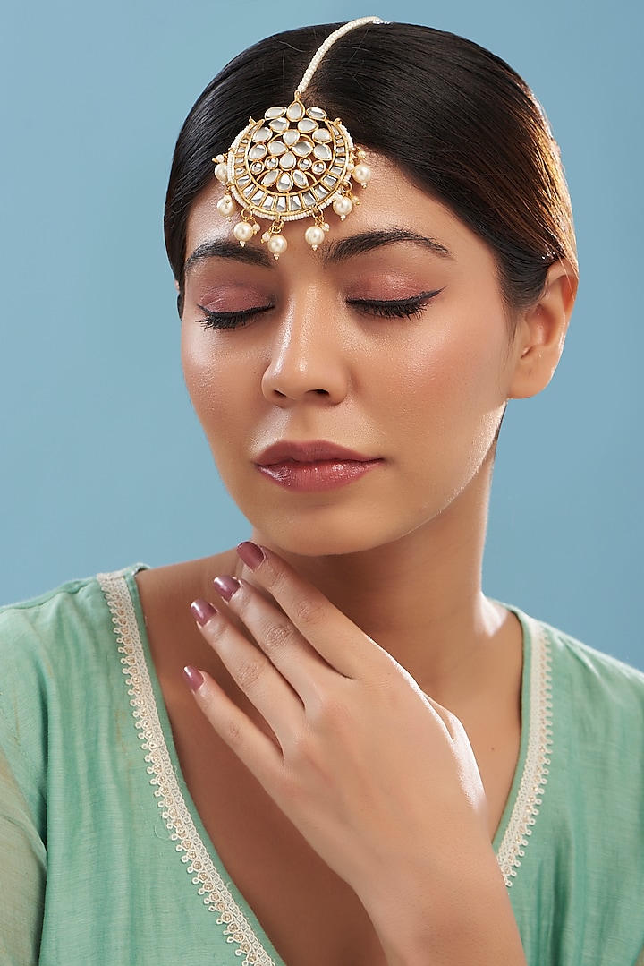 Gold Plated Kundan Polki & Pearl Maang Tikka by Just Shraddha at Pernia's Pop Up Shop