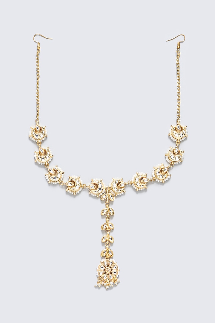 Gold Plated Kundan Polki & Pearl Floral Mathapatti by Just Shraddha at Pernia's Pop Up Shop