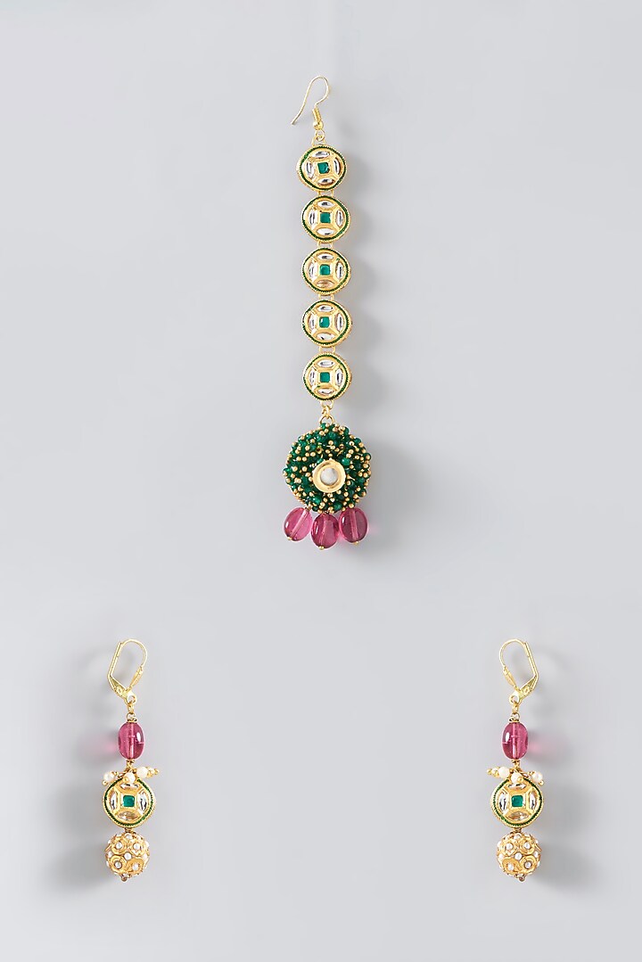 Gold Plated Kundan Polki & Green Beaded Maang Tikka With Earrings by Just Shraddha at Pernia's Pop Up Shop