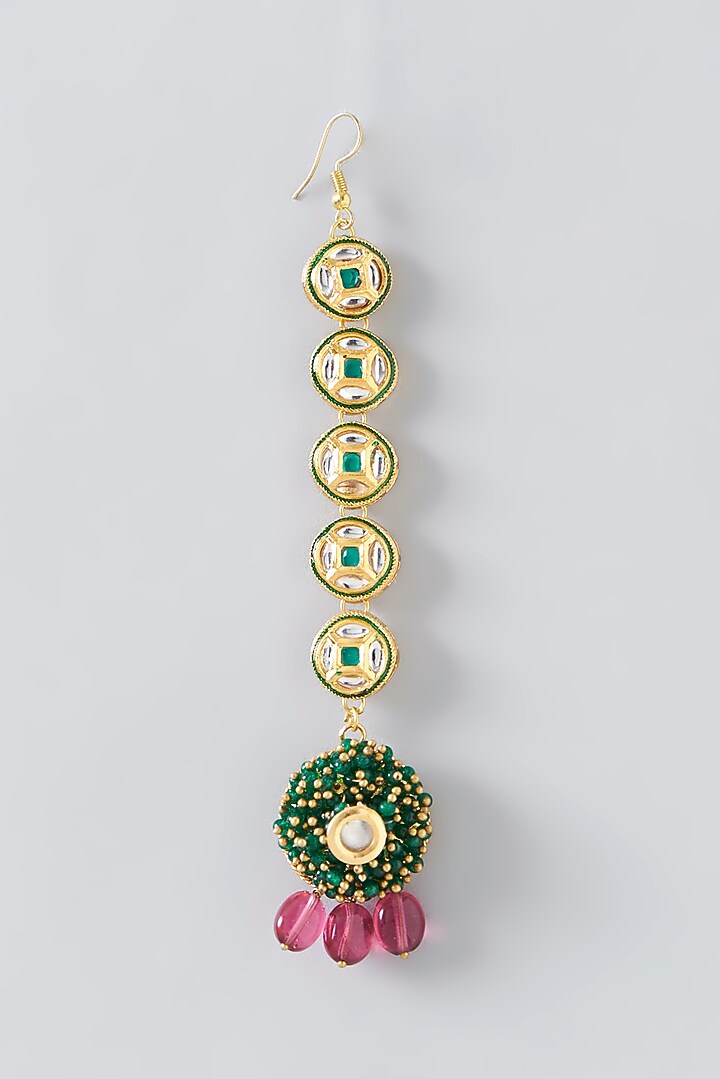 Gold Plated Kundan Polki & Green Beaded Maang Tikka With Earrings by Just Shraddha at Pernia's Pop Up Shop