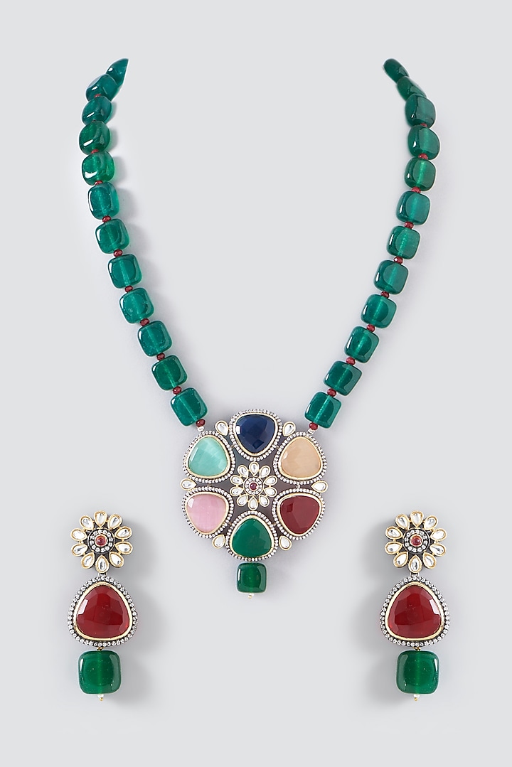Black Rhodium Plated Green Beaded Long Pendant Necklace Set by Just Shraddha at Pernia's Pop Up Shop