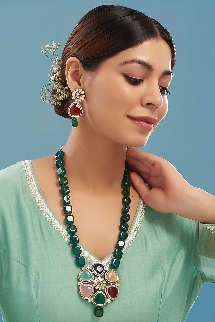 Black Rhodium Plated Green Beaded Long Pendant Necklace Set by Just Shraddha at Pernia's Pop Up Shop