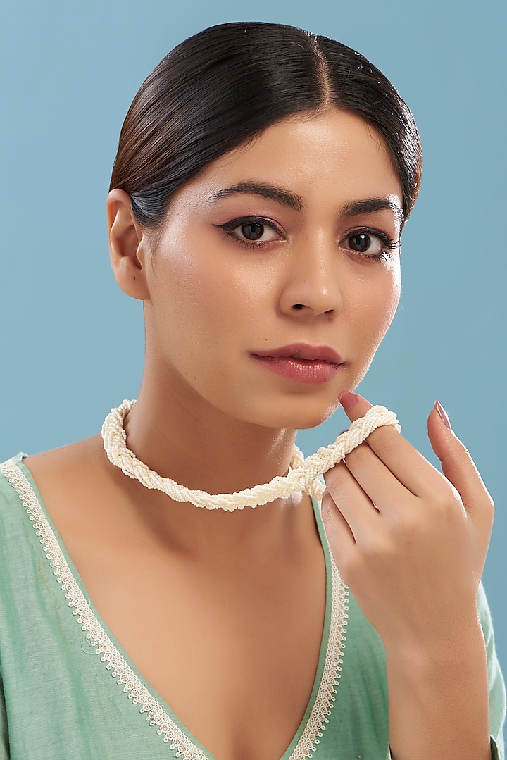 White Rhodium Plated Pearl Necklace by Just Shraddha at Pernia's Pop Up Shop