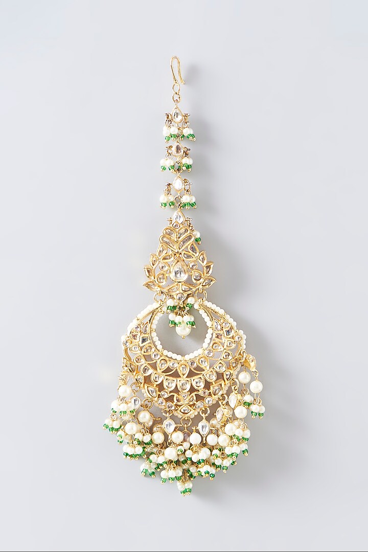 Gold Plated Polki & Green Beaded Floral Maang Tikka by Just Shraddha at Pernia's Pop Up Shop