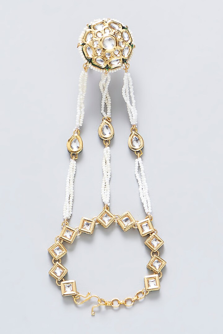 Gold Plated Kundan Polki Meenakari Hathphool by Just Shraddha at Pernia's Pop Up Shop