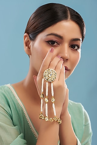Gold Plated Kundan Polki Meenakari Hathphool by Just Shraddha