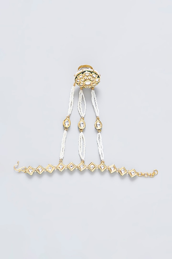Gold Plated Kundan Polki Meenakari Hathphool by Just Shraddha at Pernia's Pop Up Shop
