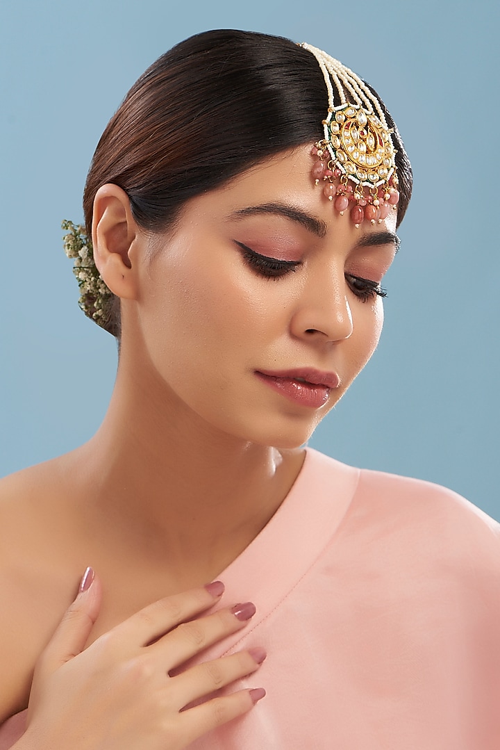 Gold Plated Kundan Polki & Pearl Maang Tikka by Just Shraddha at Pernia's Pop Up Shop