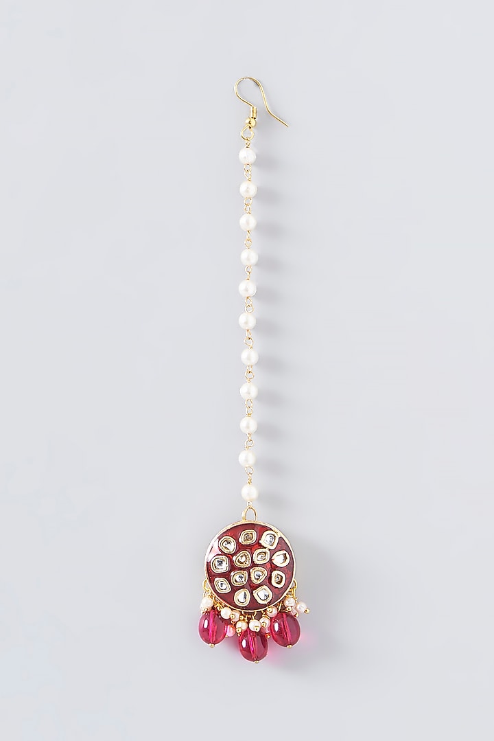 Gold Plated Kundan & Pearl Meenakari Maang Tikka by Just Shraddha at Pernia's Pop Up Shop