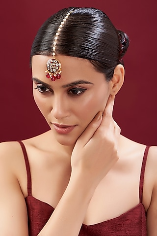 Gold Plated Kundan & Pearl Meenakari Maang Tikka by Just Shraddha