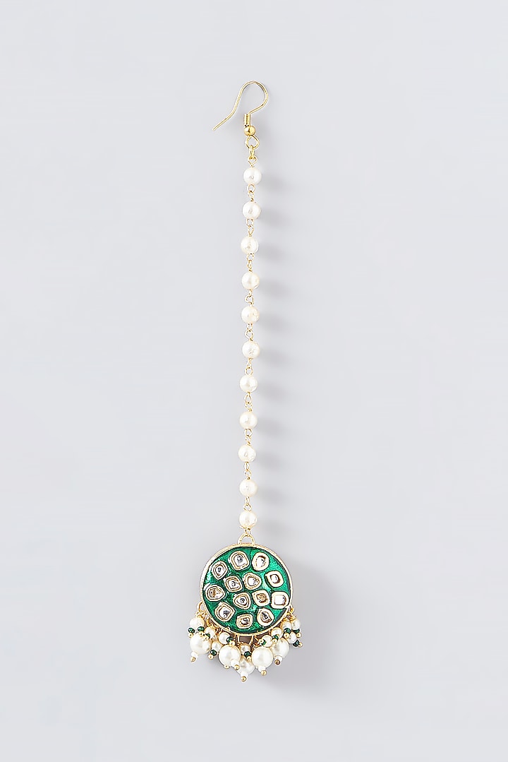 Gold Plated Green Kundan & Pearl Maang Tikka by Just Shraddha at Pernia's Pop Up Shop