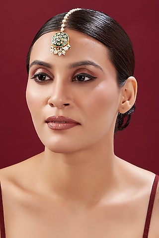 Gold Plated Green Kundan & Pearl Maang Tikka by Just Shraddha