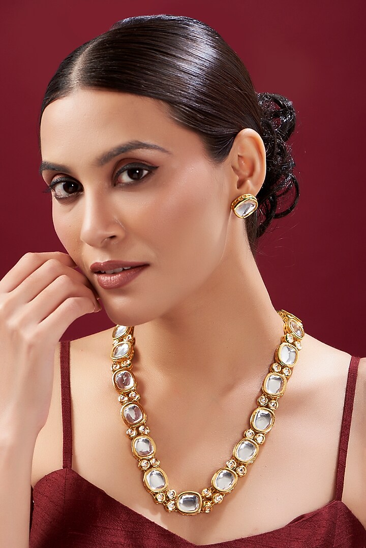 Gold Plated Kundan Polki Long Necklace Set by Just Shraddha at Pernia's Pop Up Shop