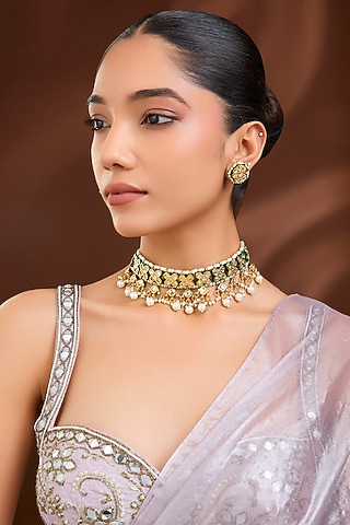 Gold Plated Kundan Polki & Pearl Green Meenakari Necklace Set by Just Shraddha