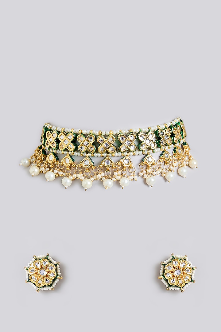 Gold Plated Kundan Polki & Pearl Green Meenakari Necklace Set by Just Shraddha at Pernia's Pop Up Shop