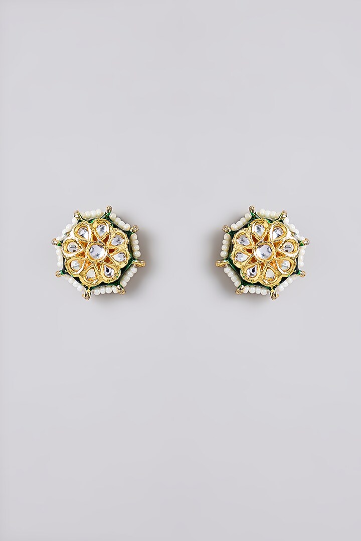 Gold Plated Kundan Polki & Pearl Green Meenakari Necklace Set by Just Shraddha at Pernia's Pop Up Shop