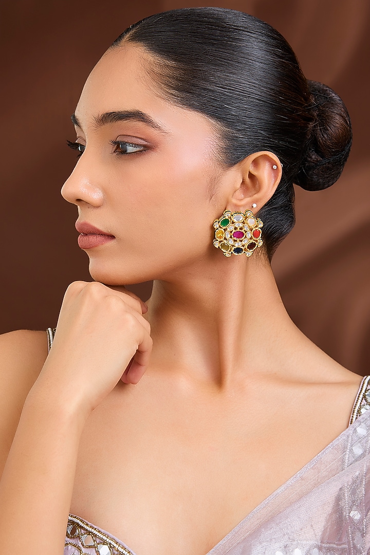 Gold Plated Navratna Kundan Polki Meenakari Stud Earrings by Just Shraddha at Pernia's Pop Up Shop