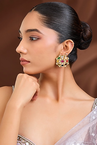 Gold Plated Navratna Kundan Polki Meenakari Stud Earrings by Just Shraddha