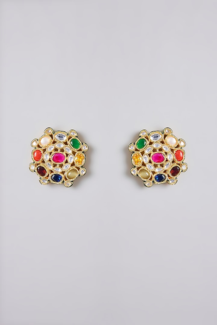 Gold Plated Navratna Kundan Polki Meenakari Stud Earrings by Just Shraddha at Pernia's Pop Up Shop