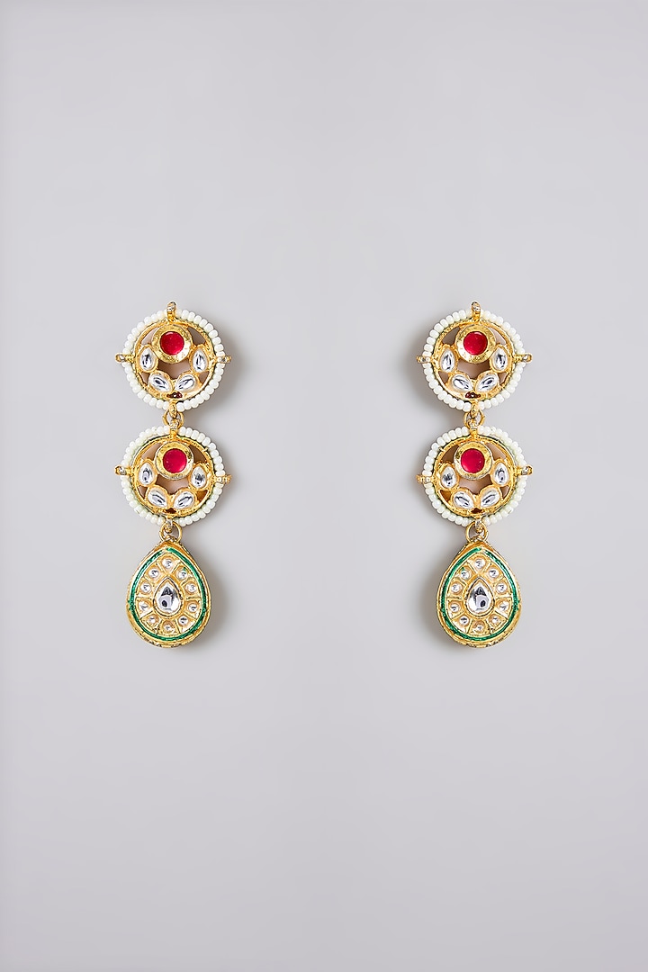 Gold Plated Kundan Polki & Multi-Colored Stone Meenakari Dangler Earrings by Just Shraddha at Pernia's Pop Up Shop