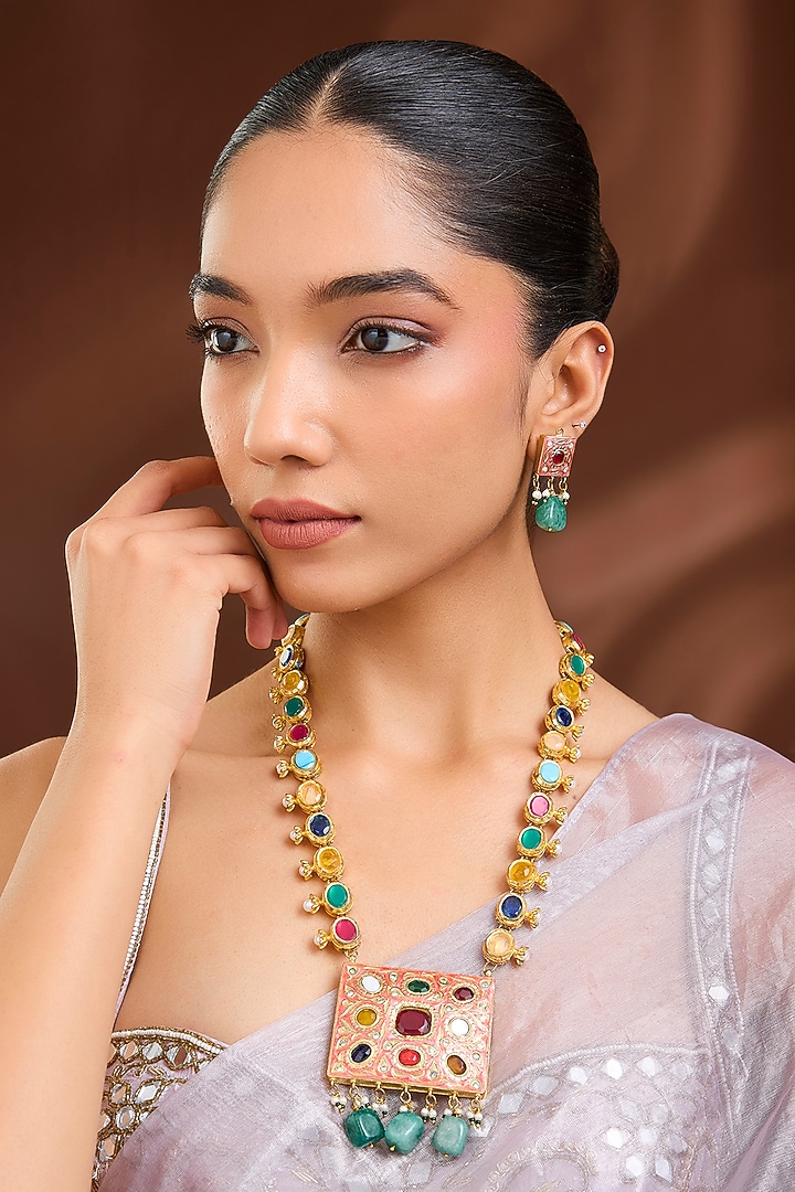 Gold Plated Navratna Stone Long Necklace Set by Just Shraddha at Pernia's Pop Up Shop