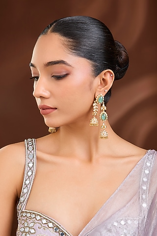 Gold Plated Kundan Polki Long Hanging Earrings by Just Shraddha