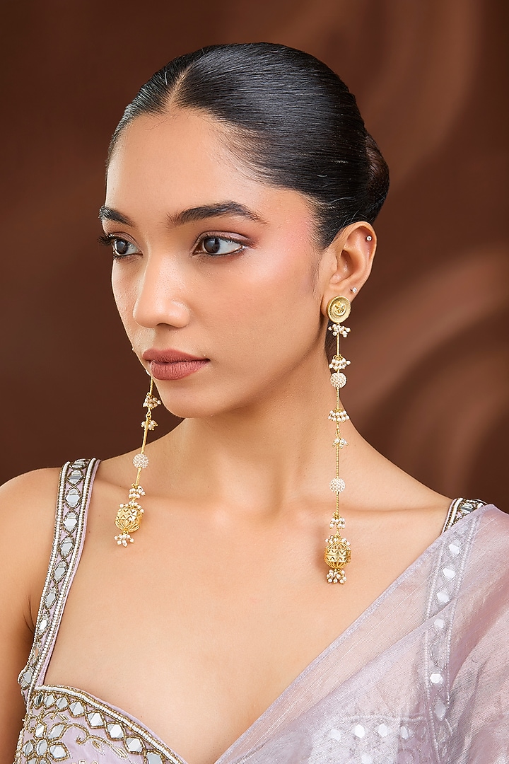 Gold Plated Pearl Long Kanchain Earrings by Just Shraddha at Pernia's Pop Up Shop
