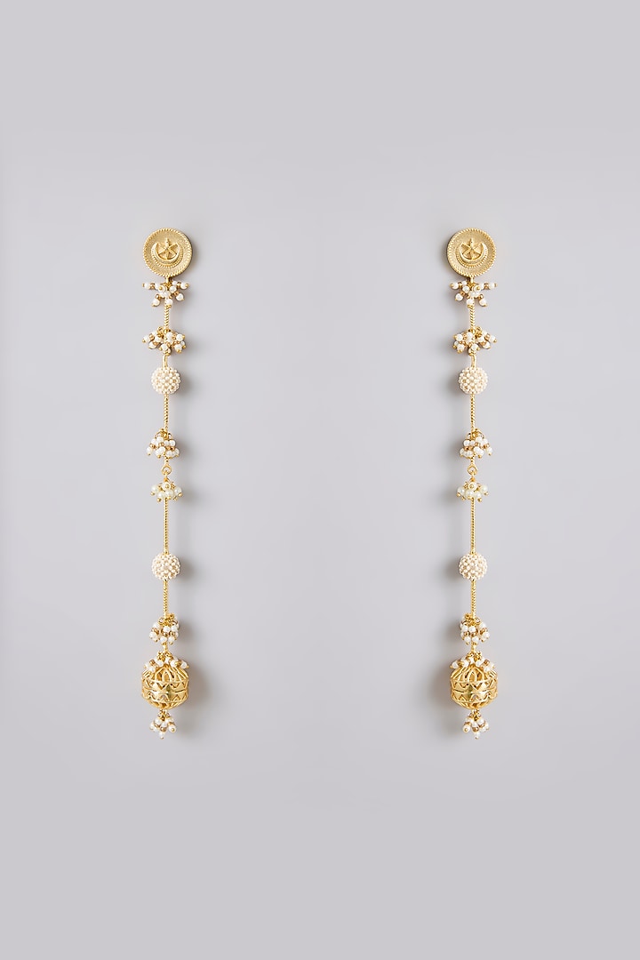 Gold Plated Pearl Long Kanchain Earrings by Just Shraddha at Pernia's Pop Up Shop