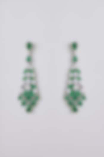 White Rhodium Finish White & Green Stone Dangler Earrings by Just Shraddha at Pernia's Pop Up Shop