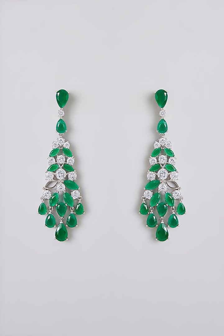 White Rhodium Finish White & Green Stone Dangler Earrings by Just Shraddha at Pernia's Pop Up Shop