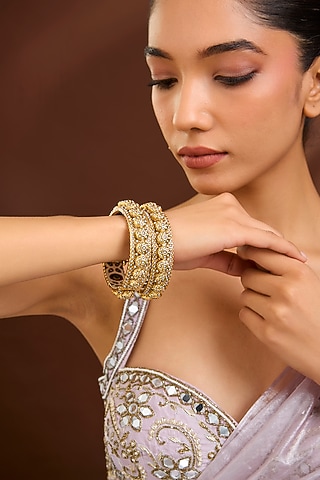 Gold Plated Kundan Polki & Pearl Bangles (Set Of 2) by Just Shraddha