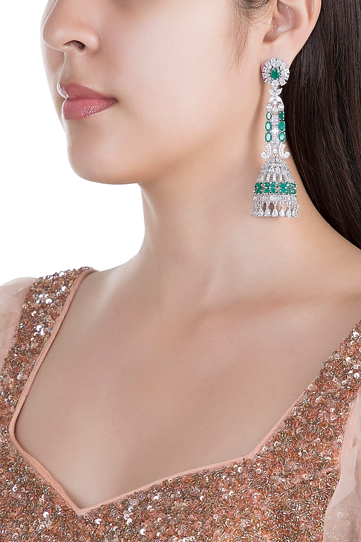 White Finish Stone & Emerald Long Earrings by Just Shraddha