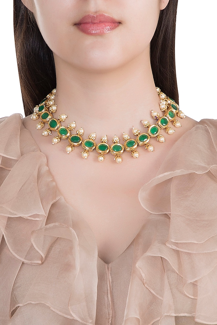 Antique Gold Plated Kundan, Emerald & Pearl Necklace by Just Shraddha