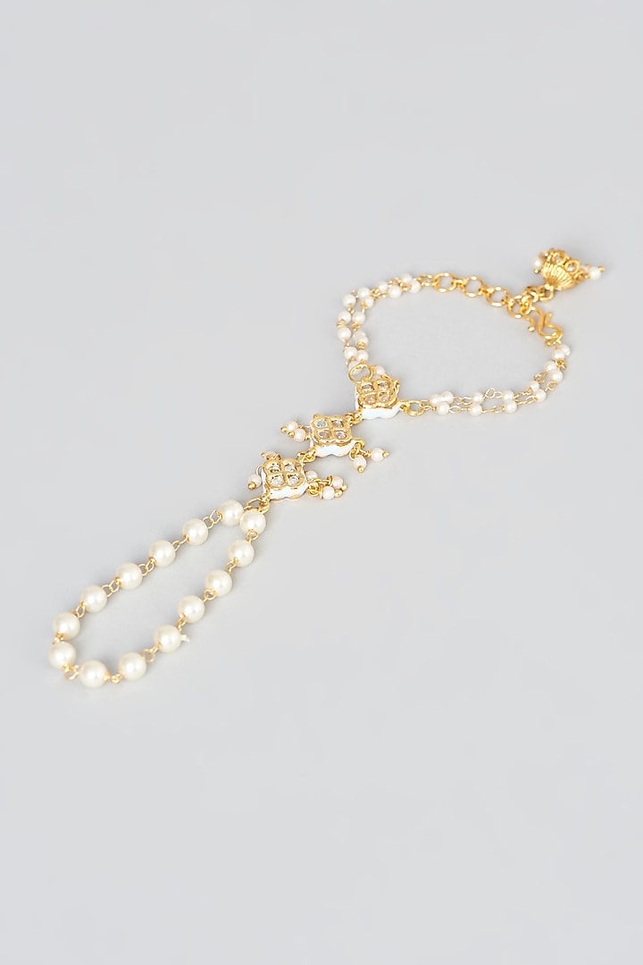 Gold Plated Pearl Meenakari Haathphools (Set of 2) by Just Shraddha at Pernia's Pop Up Shop