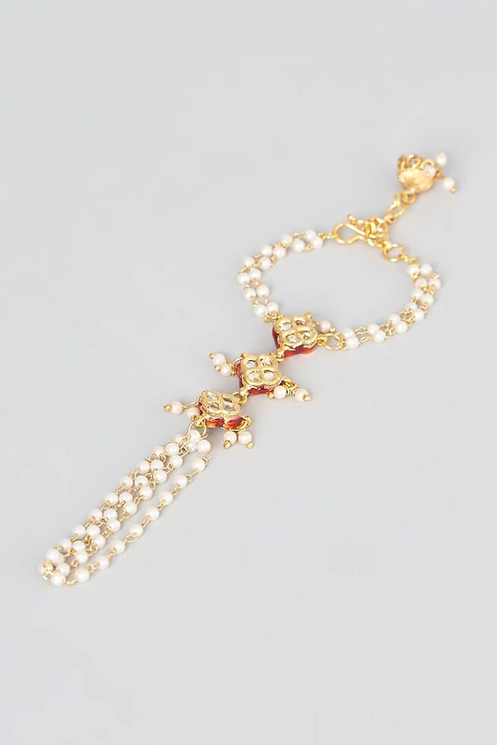 Gold Plated Pearl Meenakari Haathphools (Set of 2) by Just Shraddha at Pernia's Pop Up Shop