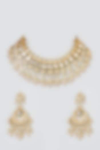 Gold Plated Kundan Polki & Pearl Bead Choker Necklace Set by Just Shraddha