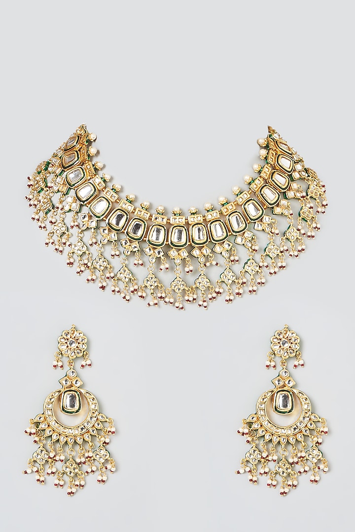 Gold Plated Kundan Polki & Pearl Bead Choker Necklace Set by Just Shraddha