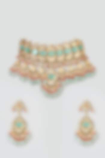 Gold Plated Kundan Polki & Blue Stone Choker Necklace Set by Just Shraddha