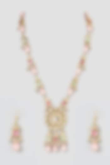 Gold Plated Quartz & Aqua Kundan Polki Necklace Set by Just Shraddha