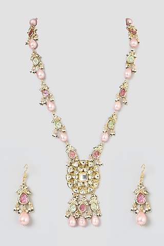 Gold Plated Quartz & Aqua Kundan Polki Necklace Set by Just Shraddha