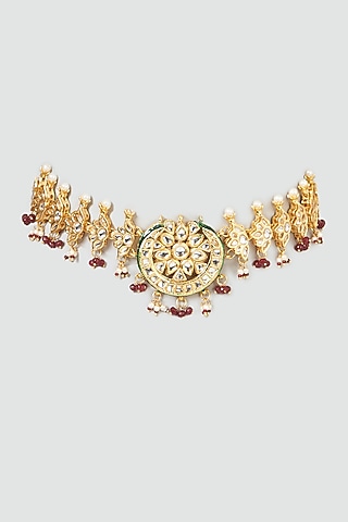 Gold Plated Kundan Polki & Beaded Choker Necklace by Just Shraddha