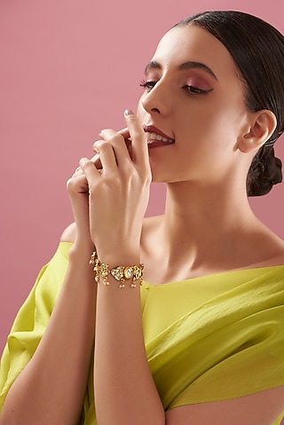 Gold Plated Kundan Polki Enamelled Green Meenakari Openable Bracelet by Just Shraddha