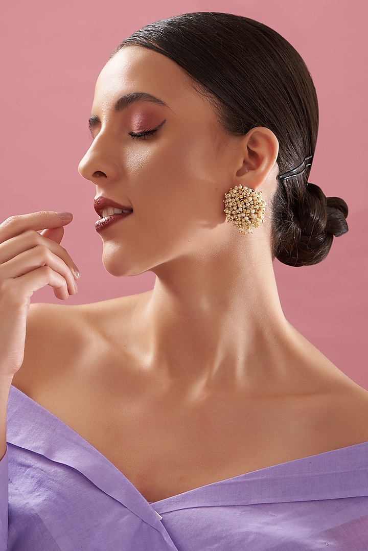 Gold Plated Basra Pearls Stud Earrings by Just Shraddha