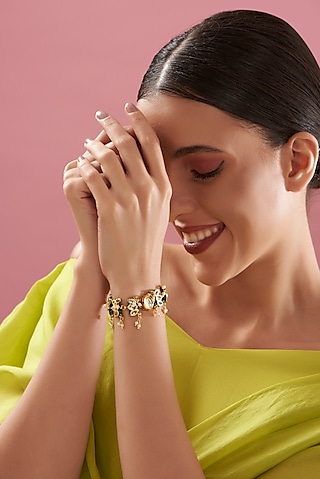 Gold Plated Kundan Polki Enamelled Green Meenakari Openable Bracelet by Just Shraddha