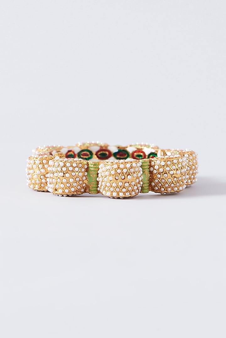 Gold Plated Pearl Enamelled Openable Kada by Just Shraddha at Pernia's Pop Up Shop